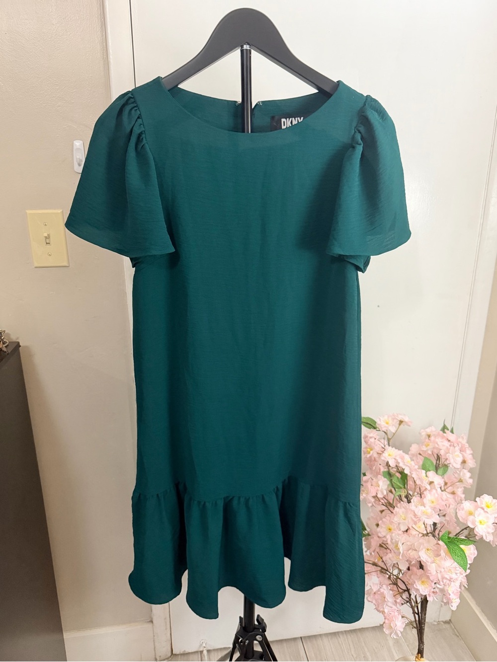 DKNY Dark Green Puff Sleeve Ruffle Mini Dress